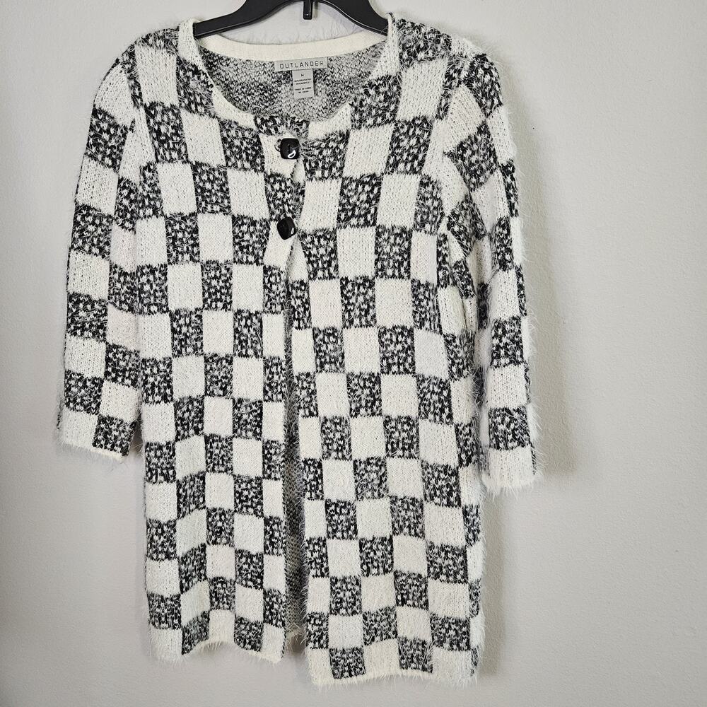 Outlander Art to Wear M Two Button 3/4 Sleeve Fuzzy Black & White Open Cardigan